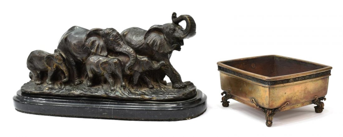(2) BRONZE STATUE OF ELEPHANTS AND ASIAN PLANTER: (lot of 2) Bronze items, comprising: (1) family of elephants statue, rising on a polished stone plinth, 5.5"h, 12"w, 4"d; (1) Asian bronze footed planter, rising on scrolling feet, stamped on base, 3.