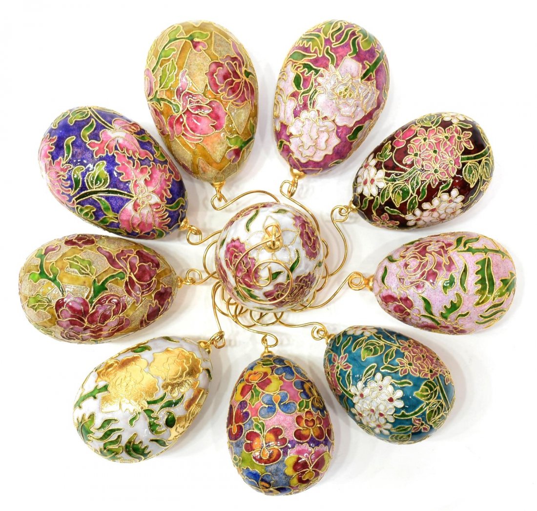 (10) CLOISONNE ENAMEL DECORATIVE FLORAL EGGS: (lot of 10) Cloisonne enamel decorative floral egg ornaments, retaining original boxes, 3.5"l, 5lbs Start Price: $50.00