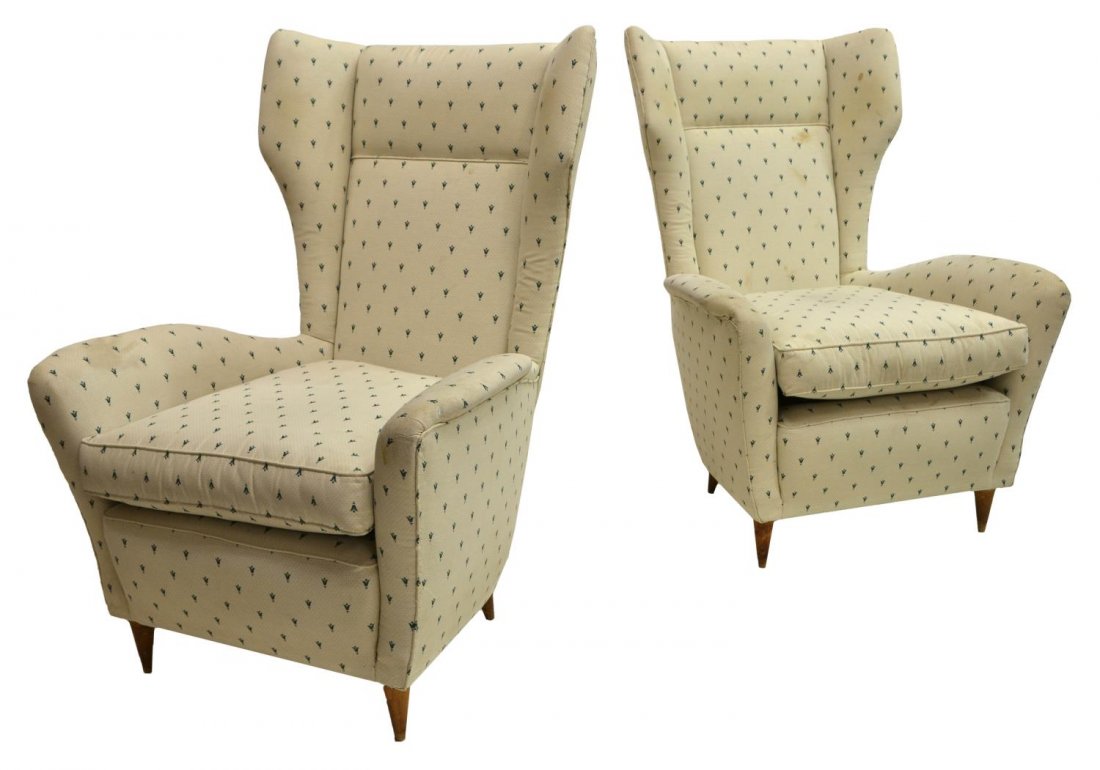 ITALIAN PAOLO BUFFA (ATTRIB) HIGHBACK WING CHAIRS: (pair) Italian mid-century modern highback wing chairs, c. 1950, design attributed to Paolo Buffa (Italian, 1903-1970), each having curved arms, rising on short cylindrical legs, upholstery stained an