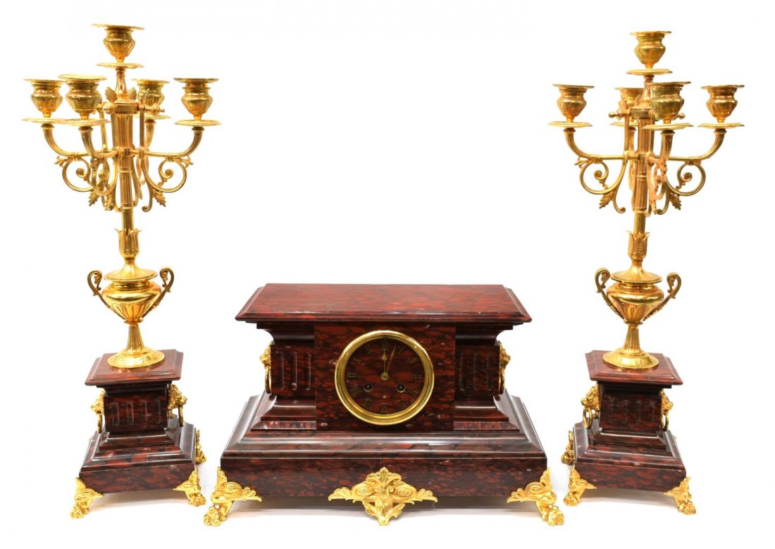 (3) FRENCH JAPY FRERES RED MARBLE GARNITURE SET (1 of 6)