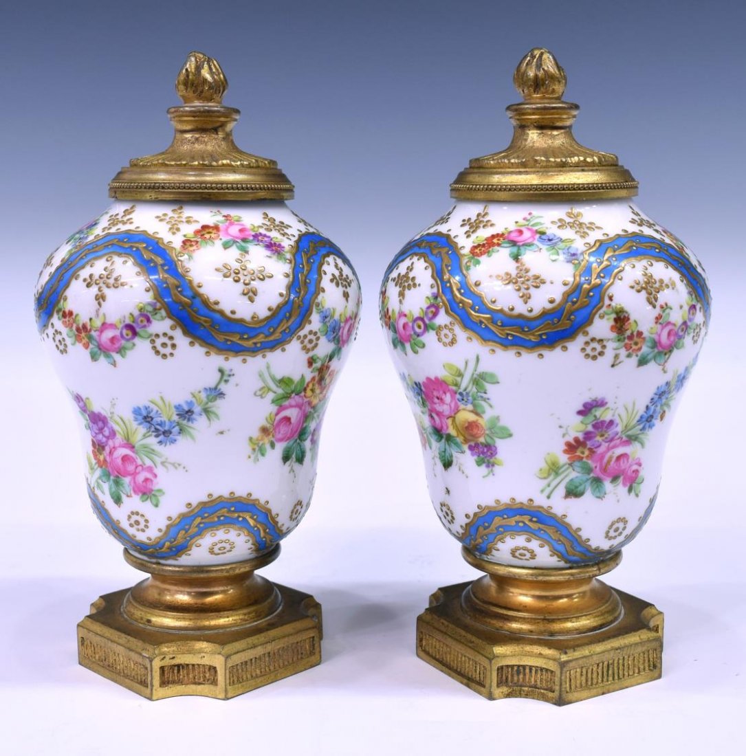 DIMINUTIVE GILT BRONZE MOUNTED SEVRES STYLE VASES (1 of 5)