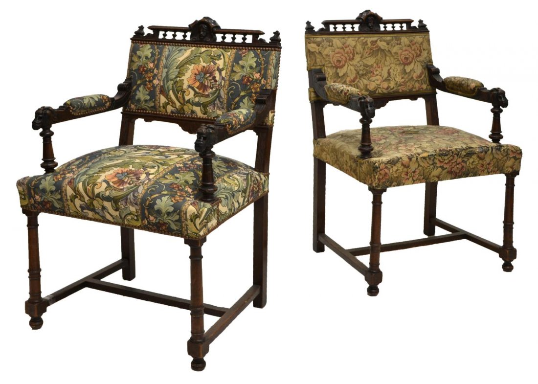 (2) HENRY II FIGURAL CARVED UPHOLSTERED ARMCHAIRS (1 of 5)