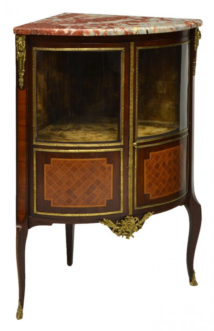 FRENCH LOUIS XV STYLE MARBLE TOP CORNER VITRINE (1 of 3)