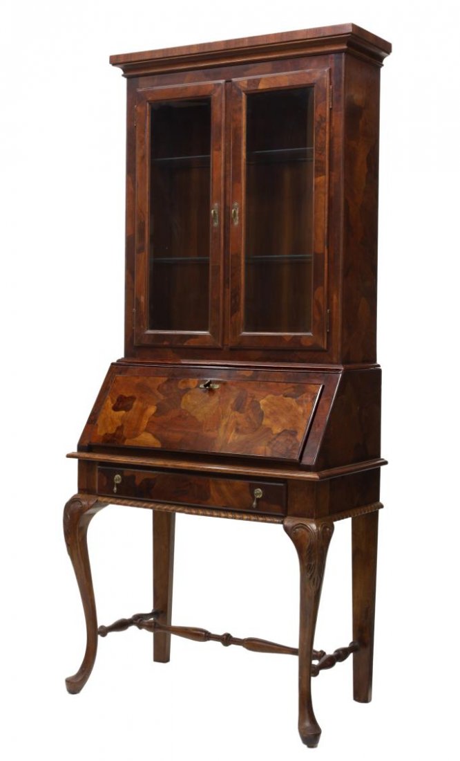 AMERICAN OF MARTINSVILLE SECRETARY BOOKCASE: Secretary bookcase by American of Martinsville, late 20th c., the protruding cornice over two beveled glass door opening to the shelved lighted interior, the central slant front writing surface opens 
