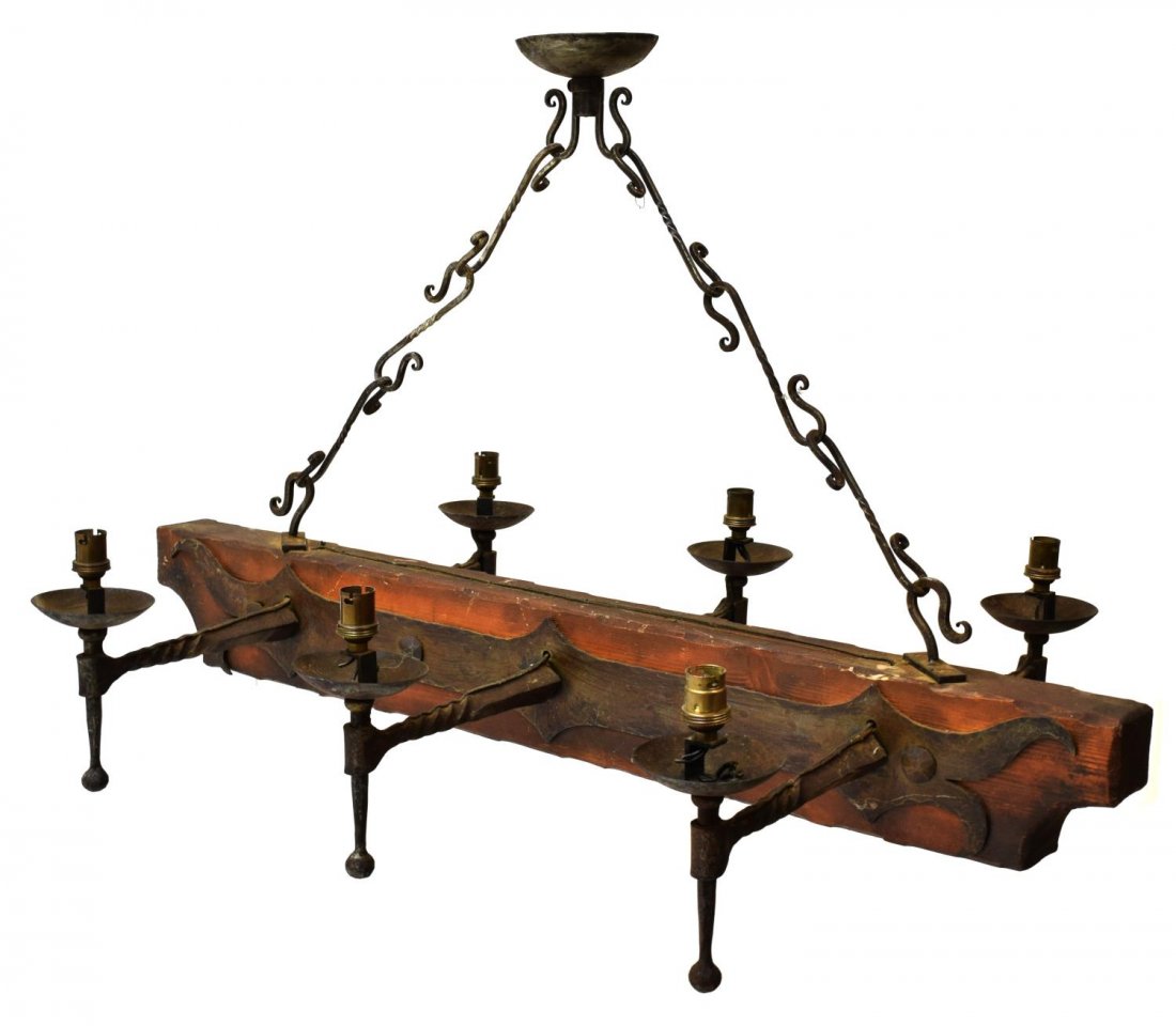 RUSTIC IRON & WOOD STRAPPED SIX-LIGHT CHANDELIER (1 of 1)