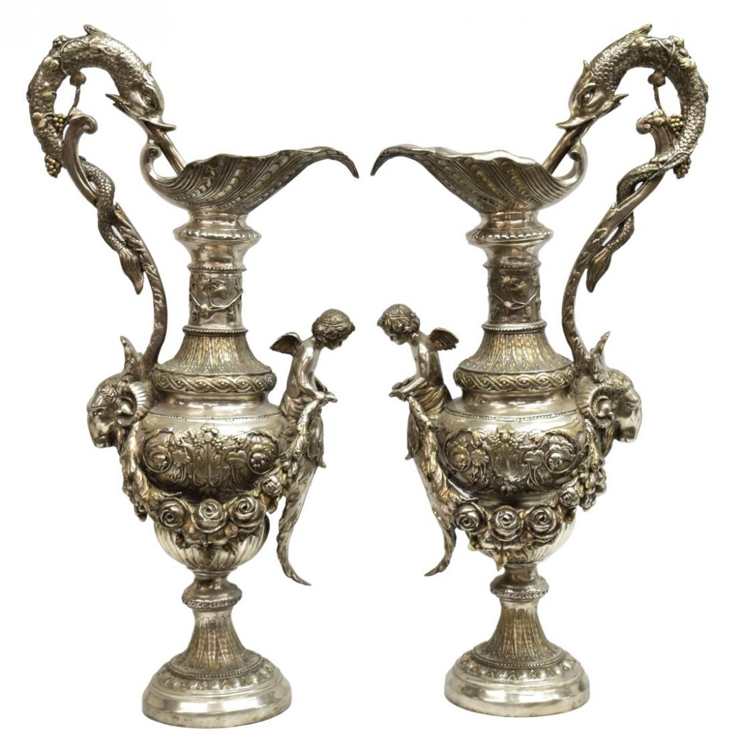 (2) LARGE ORNATE LOUIS XV STYLE SILVERED BRONZE EWERS (1 of 8)
