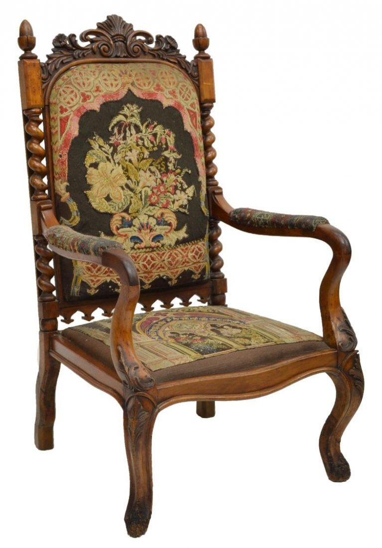 CONTINENTAL CARVED TAPESTRY UPHOLSTERED ARMCHAIR (1 of 4)