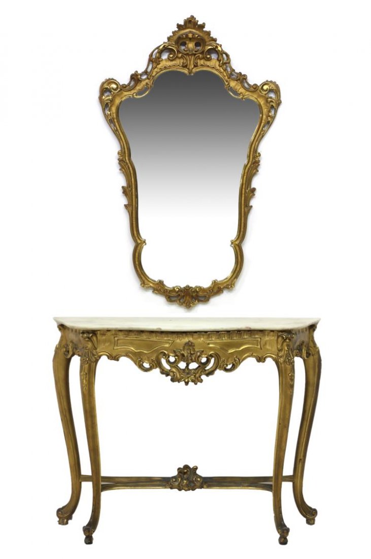 LOUIS XV STYLE MIRRORED MARBLE TOP CONSOLE 20TH C (1 of 3)