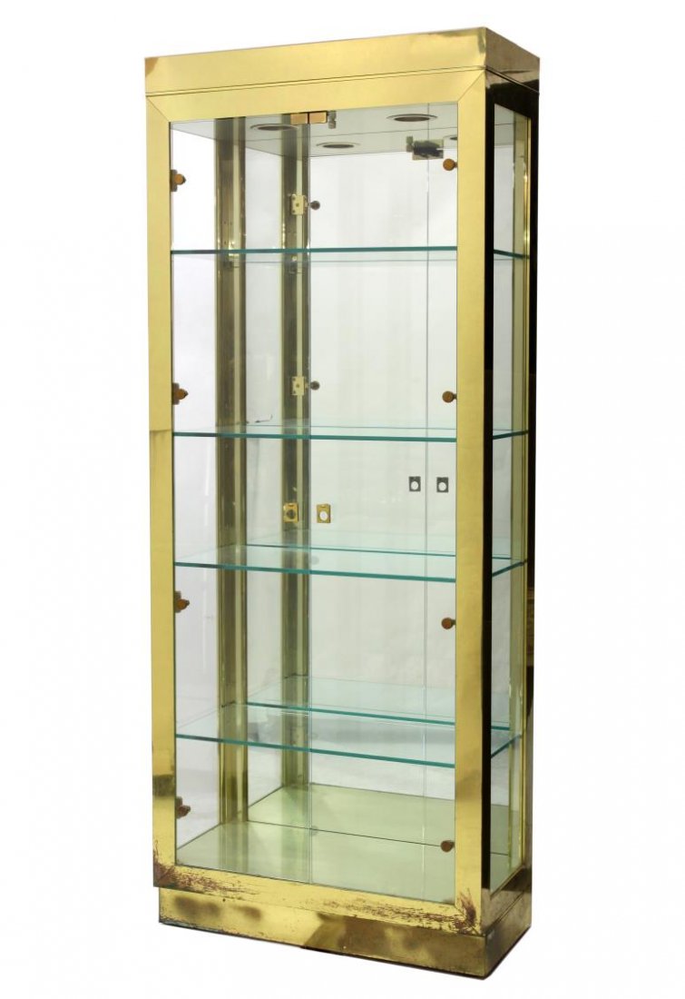 BRASS & GLASS LIGHTED STAND UP DISPLAY CABINET (1 of 3)