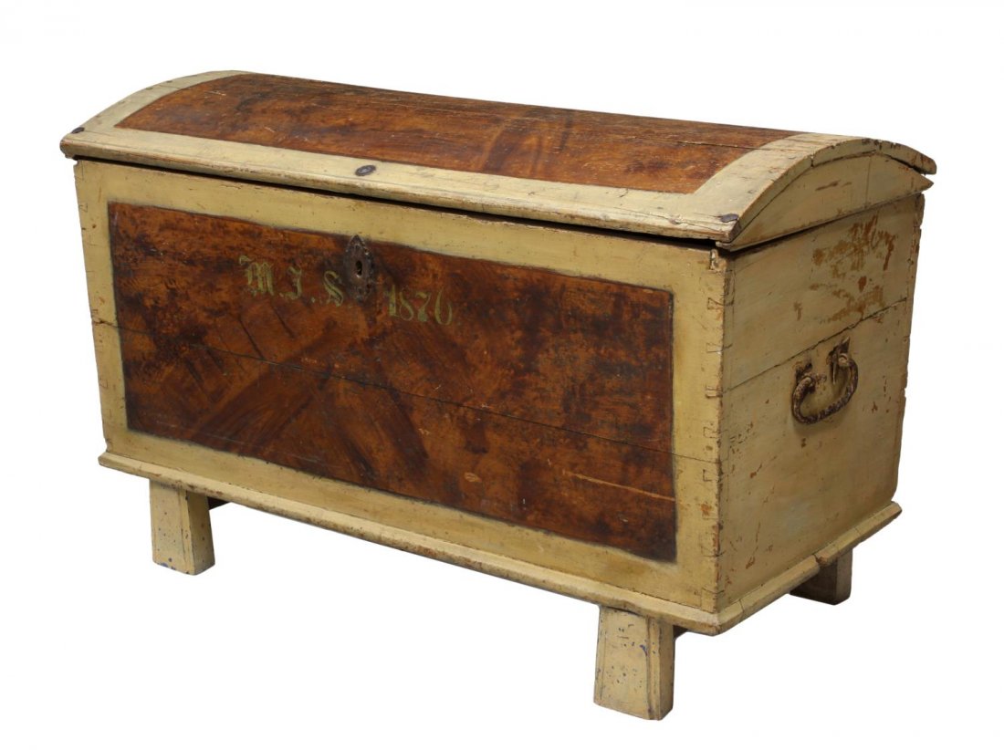 ANTIQUE PAINTED WOOD MONOGRAMMED DOME LID TRUNK (1 of 3)