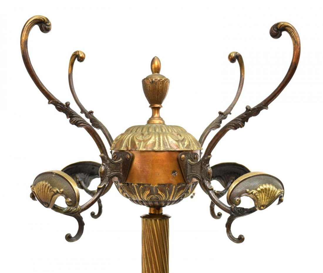 ITALIAN GILT METAL SCROLLED STANDING HALL RACK: Italian gilt metal standing coat rack, 20th c., four scroll hooks over a spiraled standard, raised on conforming legs, disc feet, approx 68"h