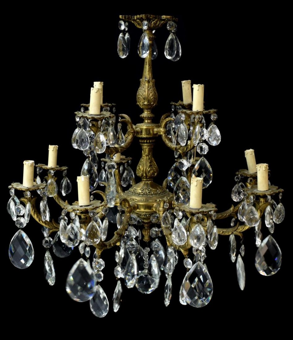 ORNATE ITALIAN GILT BRASS & PRISM CHANDELIER (1 of 2)