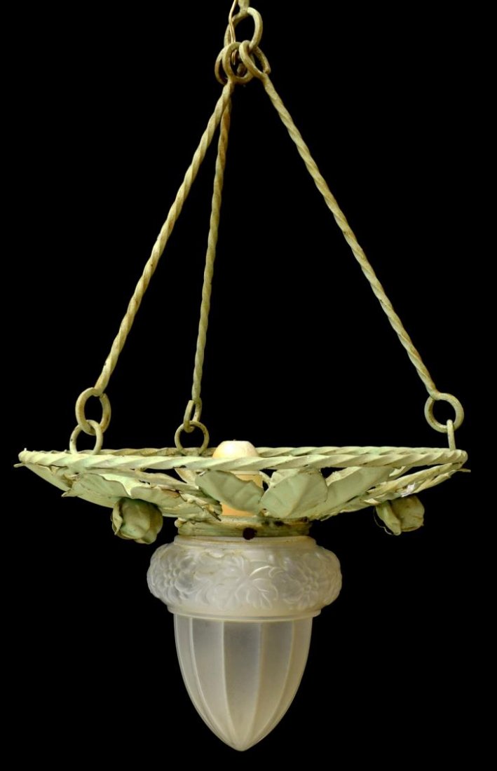 ITALIAN ART NOUVEAU IRON & MOLDED GLASS CHANDELIER (1 of 2)