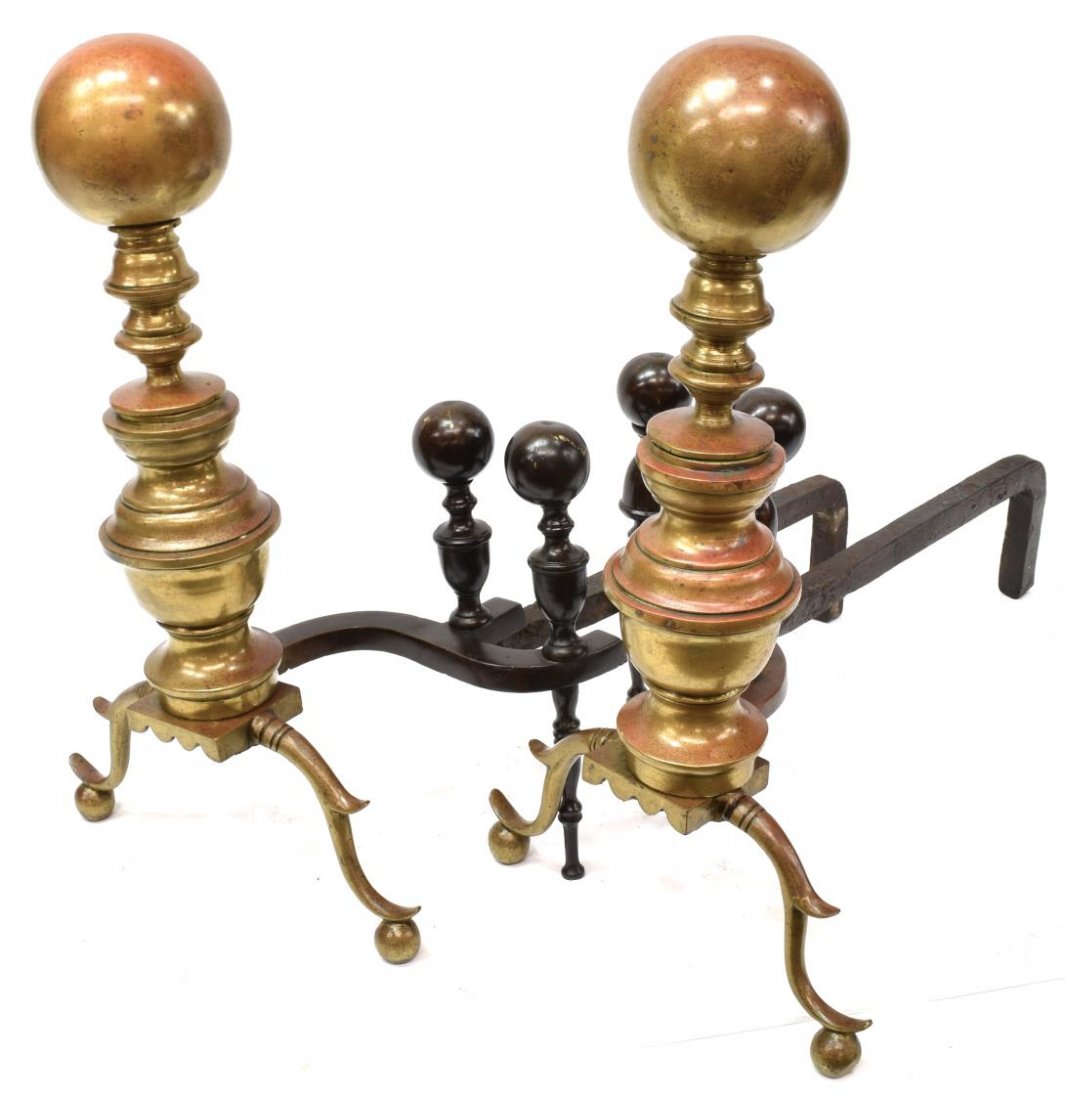 (2) FEDERAL GILT METAL BALL TOP ANDIRONS: (pair) Federal gilt metal baluster andirons, having ball form finials above a turned baluster column, each with two small ball and column form guards, each rising on spurred scroll form legs resting o