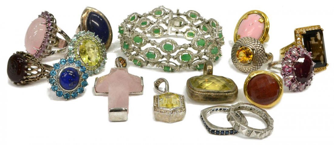 (16) COLLECTION OF STERLING ESTATE JEWELRY: (lot of 15) Collection of sterling estate jewelry, comprising: (3) polished and faceted stone pendants; (8) stone rings; (2) stackable rings; (1) green stone link bracelet; together with (2) gold plat