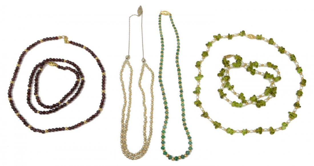 (6) LADIES 14KT GOLD BEADED ESTATE NECKLACES: (lot of 6) Ladies beaded estate necklaces, comprising: (1) green stone and gold beaded necklace, yellow gold clasp, marked 14kt, 16"l; (1) seed pearl bead double strand necklace, with silvered metal c