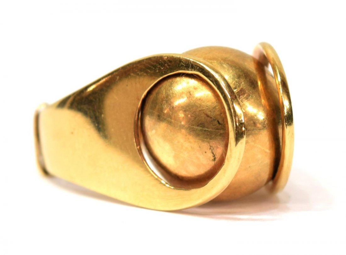 BERNARD HERTZ DANISH MODERN 14K GOLD BALL RING: Danish Modern 14kt yellow gold ring, hallmarked BH, (Bernhard Hertz, established 1858,company registered until 1985), Denmark, 585, a ball suspended within two sided pierced mount, ring sizer installe