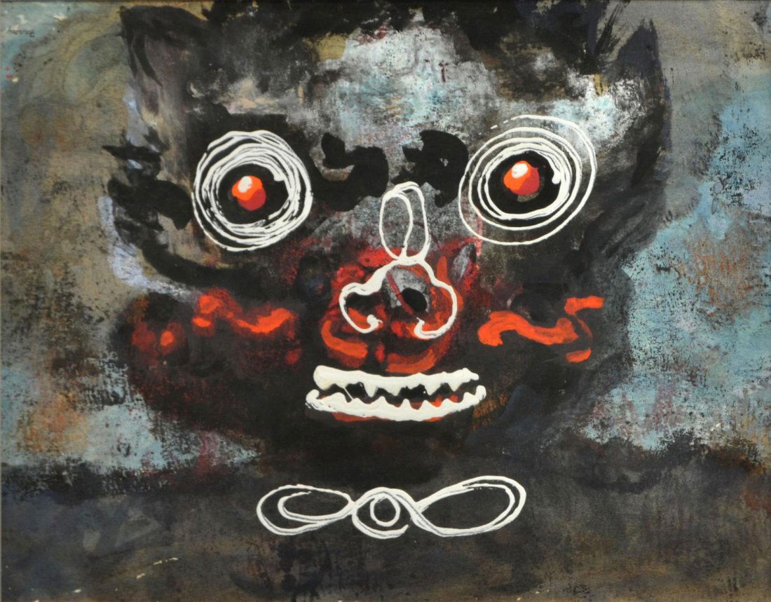 MICHAEL FRARY (TX 1918-2005) MIXED MEDIA PAINTING: Framed mixed media on paper, Skull, signed upside down upper left Frary (Michael Frary, Texas/California 1918-2005), sight: 17.25"h, 22.25"w, overall: 26.5"h, 32"w, 8.5lbs Start Price: $300.00