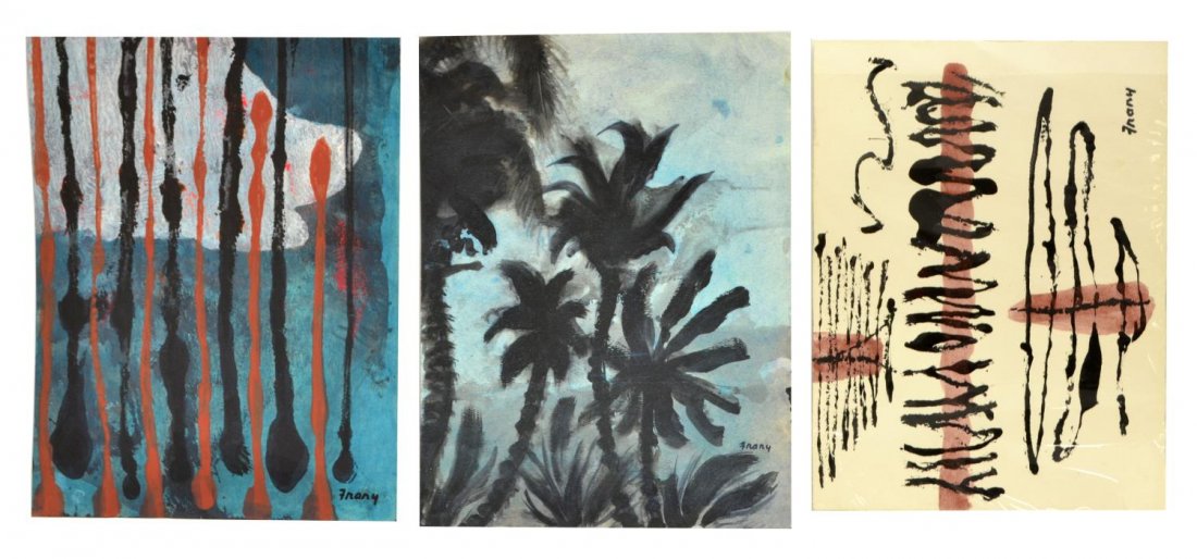 (3) MICHAEL FRARY (TEXAS) UNFRAMED WATERCOLORS: (lot of 3) Unframed watercolor and mixed media on paper, all signed lower right Frary (Michael Frary, Texas/California 1918-2005), comprising: (1) abstract mixed media composition, black and red, 11.2