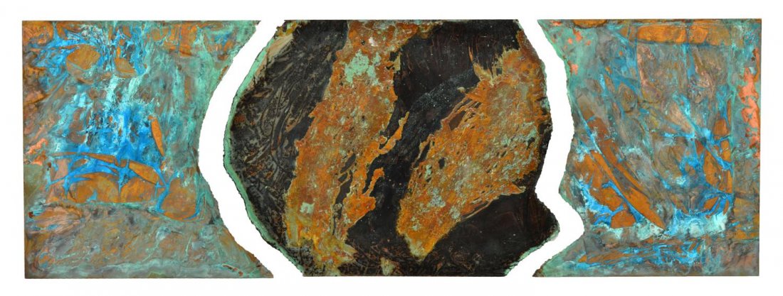 DARYL COLBURN (AMERICAN 20TH C.) COPPER WALL ART: Acid-etched copper flat wall art, "Jacobs Ladder" by Daryl Colburn (American 20th c.), in three parts, 3'h, 8'w Start Price: $150.00