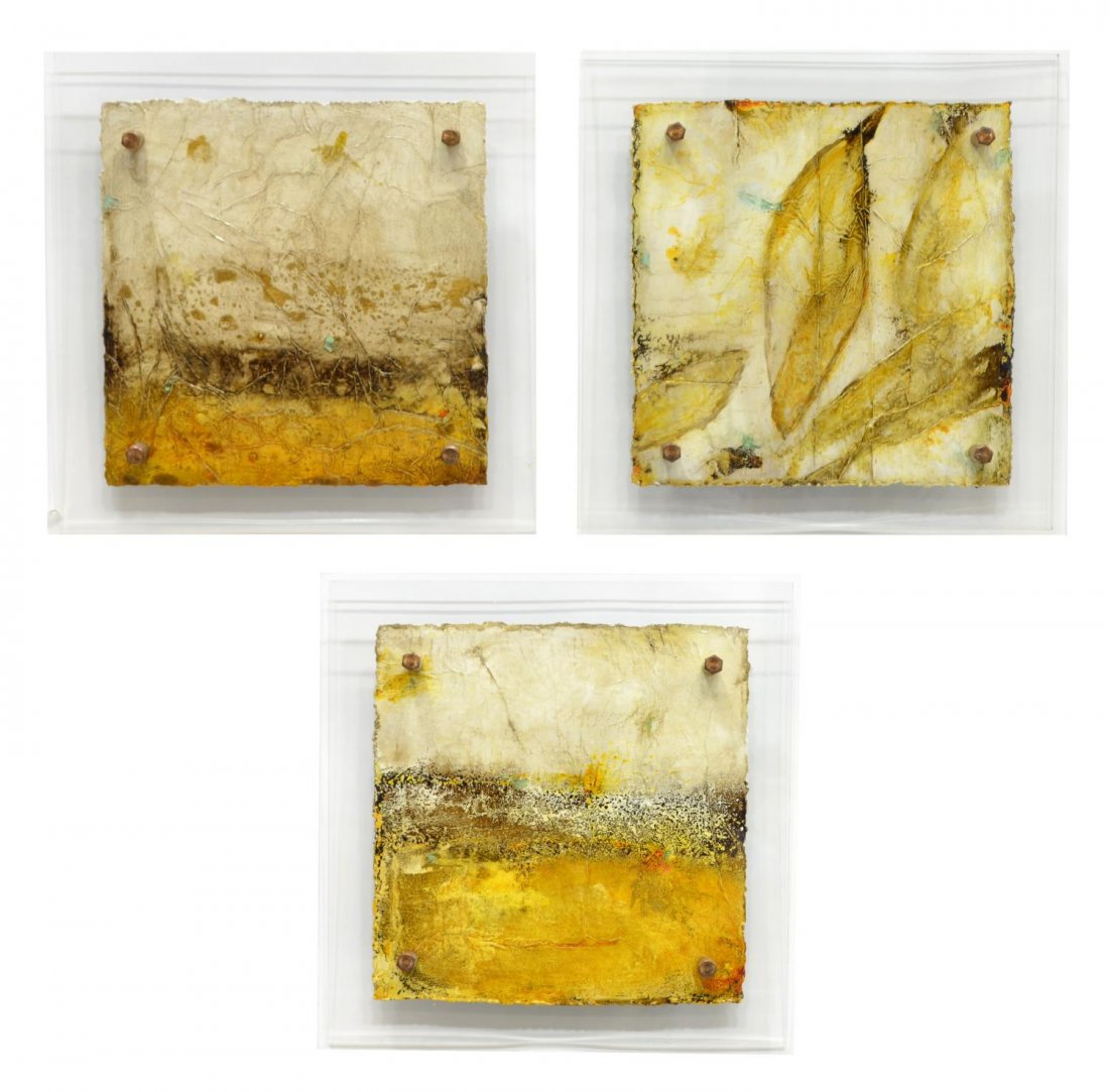 (3) MICHELLE Y WILLIAMS (TEXAS, 21ST C.) METAL ART: (set of 3) Framed paint on steel, "Cut 10-96" (2010), "Cut 11-28" (2011), and "Cut 10-261", each suspended between lucite panels, dated, titled and signed verso Michelle Y Williams (Houston, TX 21st c