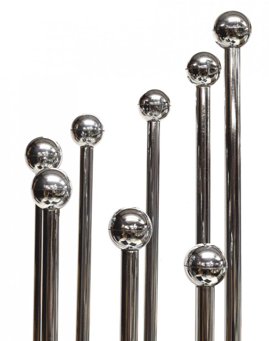 ITALIAN STUDIO TETRARCH CHROME PISTILLO HALL TREE: Italian mid-century modern Studio Tetrarch chromed steel "Pistillo" style hall tree, c.1960, circular base issuing eight standards, minor oxidation, approx 72.5"h, 13"diam Start Price: $250.00