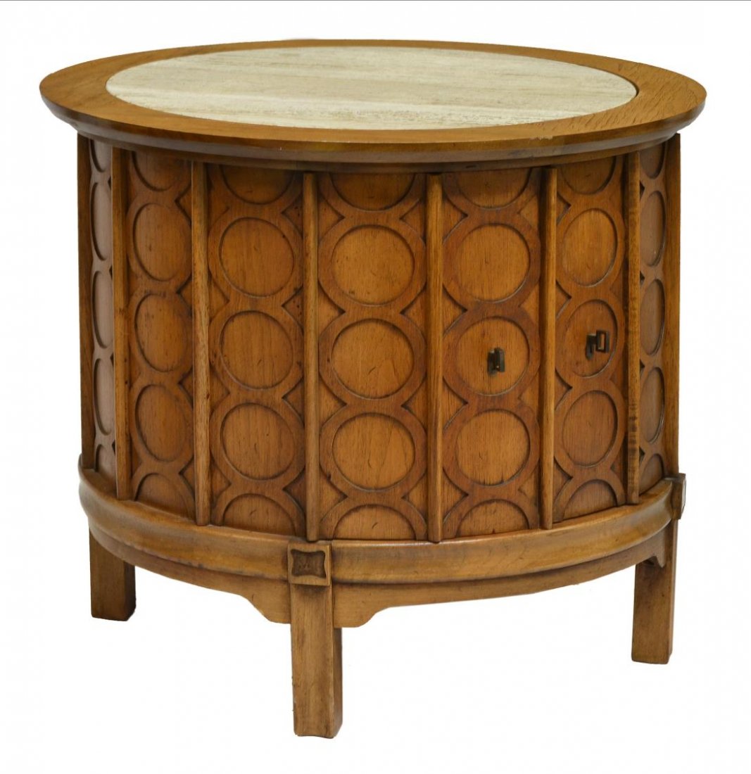 MID-CENTURY MODERN TRAVERTINE TOP DRUM SIDE TABLE: Mid-century modern drum form side table, having a travertine top over the circular case, decorated with panels of applied rings, two doors concealing open compartment, rising on four block feet, 22.5"