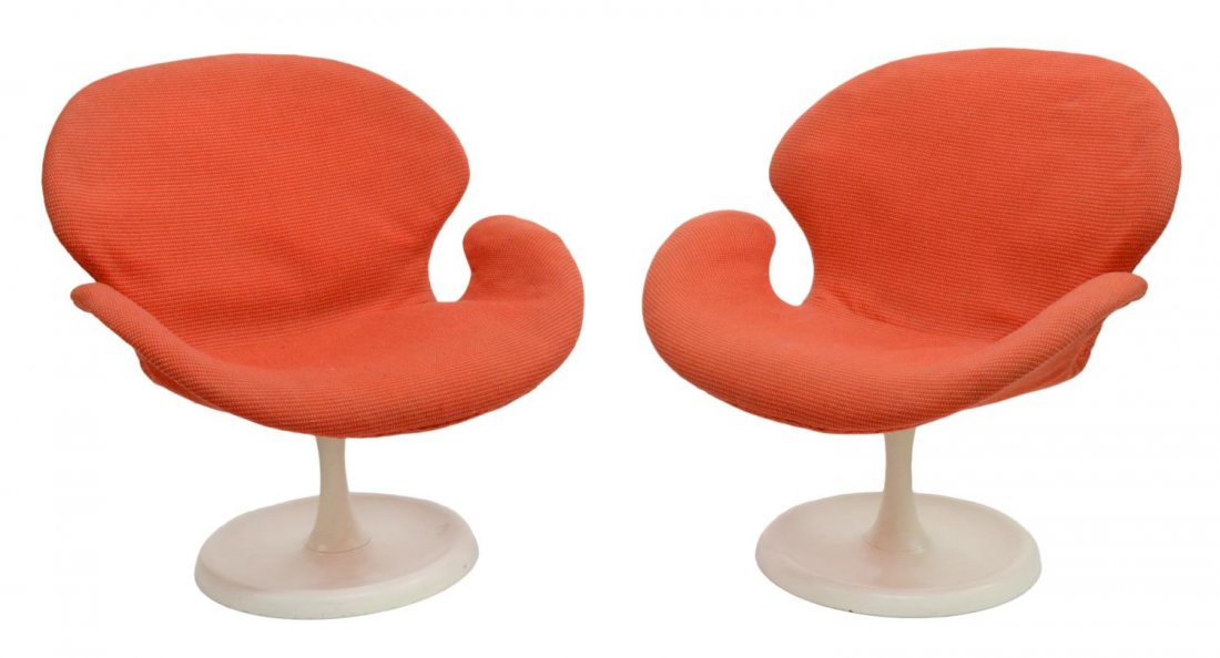 (2) MODERN SWAN CHAIRS, MANNER OF ARNE JACOBSEN: (lot of 2) Mid-century modern swivel arm chairs, the red/orange upholstered seat in the manner of the Arne Jacobsen 'Swan Chair", rising on the aluminum pedestal circular base, 30.5"h, 30"w, 22"d Star