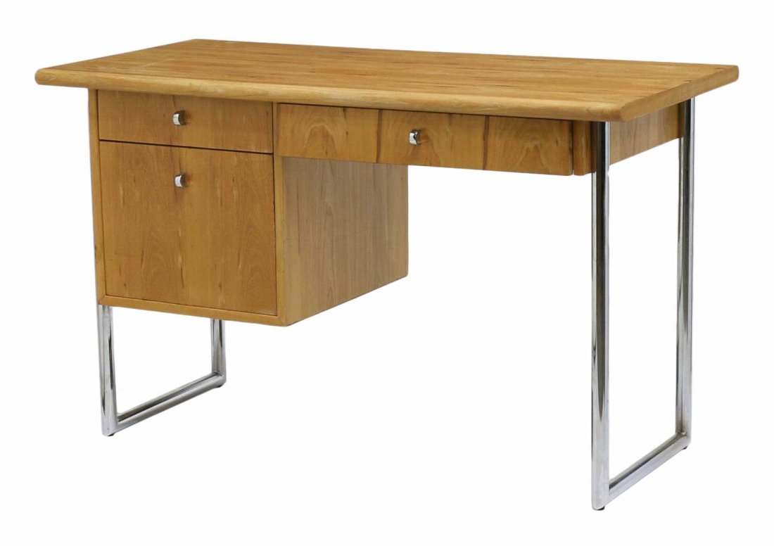 MODERN CHROME & WOOD DESK, FOUNDERS: Modern desk by Founders Furniture Company (Thomasville Industries), a rectangular top over three drawers rising on chrome steel tubular supports, 29"h, 48"w, 22"d Start Price: $80.00