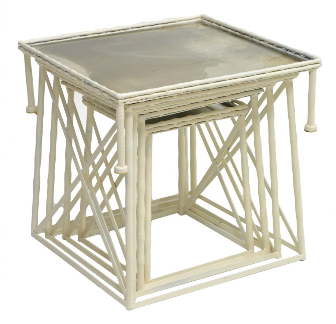 (5) FAUX BAMBOO WHITE STEEL FRAME NESTING TABLES: (lot of 5) Nesting tables, each with antiqued mirror tops rising faux bamboo painted steel supports, largest measurement: 17"h, 17.5"w, 17.5"d Start Price: $40.00