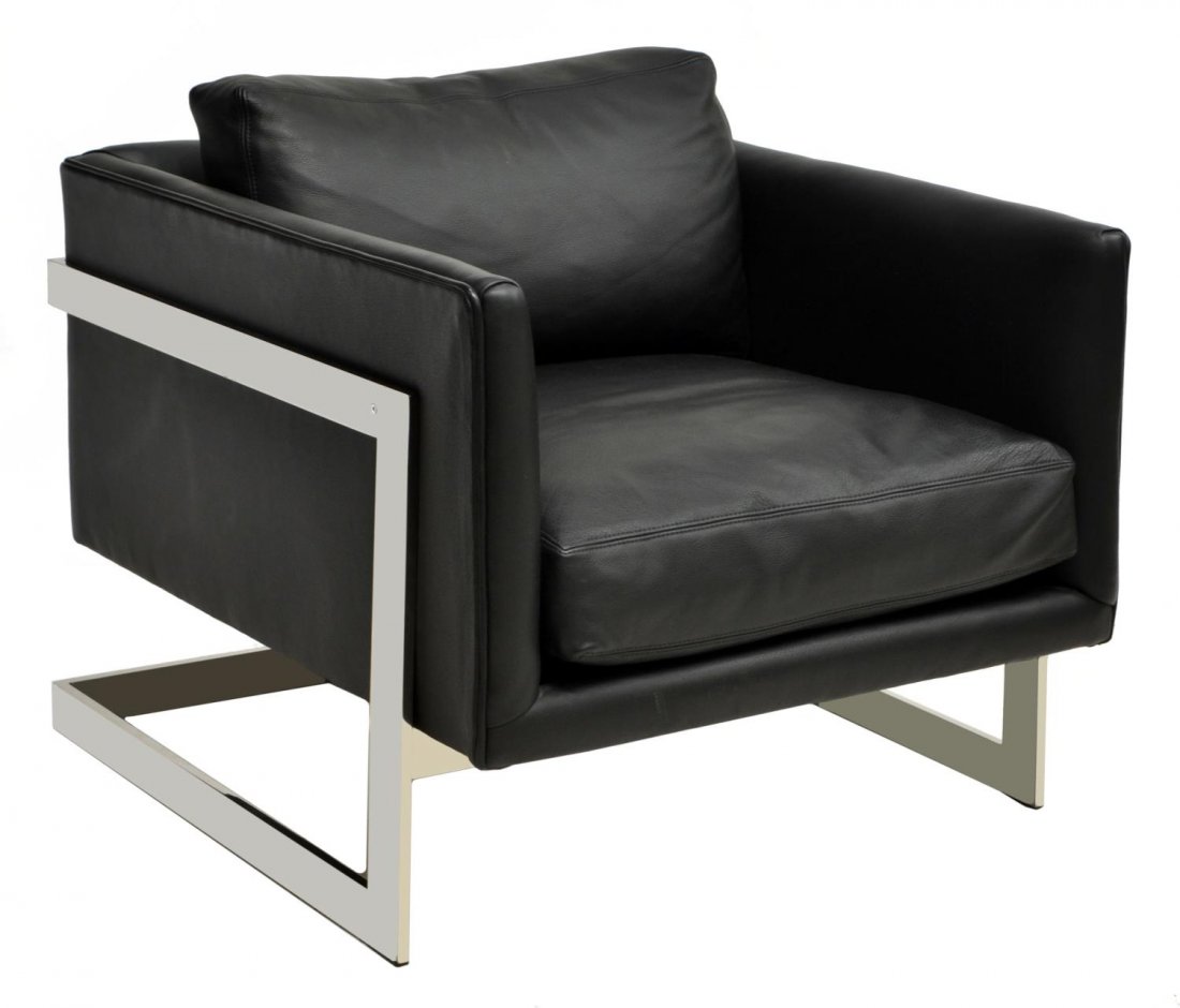 MODERN MILO BAUGHMAN DESIGN LEATHER LOUNGE CHAIR: Lounge chair, design by Milo Baughman for Thayer Coggin, black leather with removable back and seat cushion framed with bright nickel on steel, 25"h, 20.75"w, 31"d Start Price: $200.00