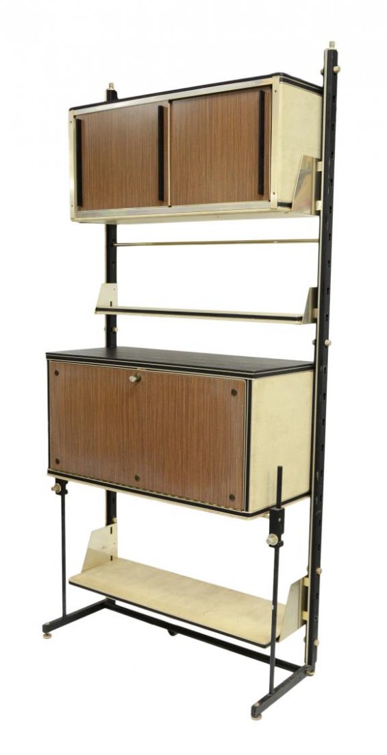 ITALIAN MID-CENTURY MODERN MODULAR BAR: Italian bar cabinet, c. 1960, the modules covered in black and beige vinyl, an upper shelf over a wood finish sliding door module, a central drop front module with interior bar over a lower shelf, all