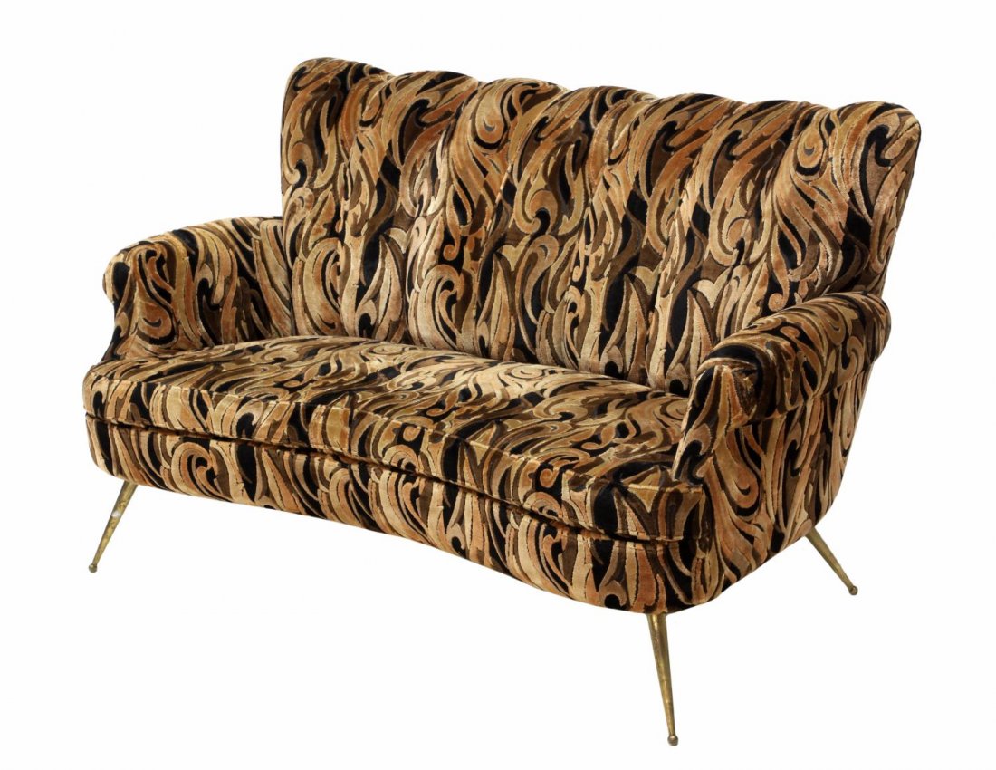 ITALIAN MID-CENTURY MODERN UPHOLSTERED LOVESEAT: Italian mid-century modern upholstered settee, c. 1950s, the fluted cushioned back over a shaped seat, in brown and black chenille upholstery, rising on tapered brass legs, 32"h, 59"w, 30"d Start Pric