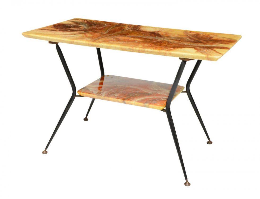 ITALIAN DESIGN MID-CENTURY MODERN COFFEE TABLE: Italian design mid-century modern coffee table, c. 1950's, a faux marble top and medial shelf, on black steel frame, ending in disc feet, approx 20"h, 30.75"l, 16.5"d Start Price: $125.00