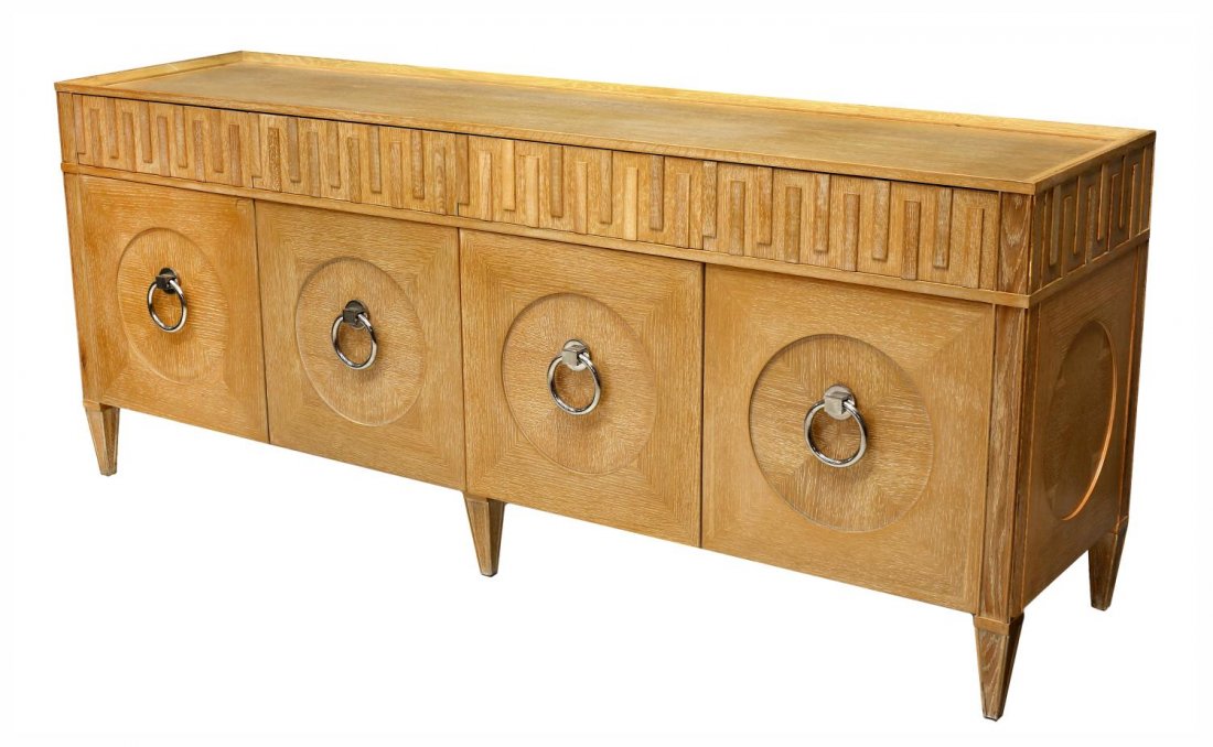 GLOBAL VIEWS DESIGNER "FRENCH EVERYTHING CABINET": Large sideboard, the "French Key Everything Cabinet", by Global Views Furniture Co, a lightly limed oak with stepped down top over four frieze drawers, four lower drawers open to shelved and drawer st