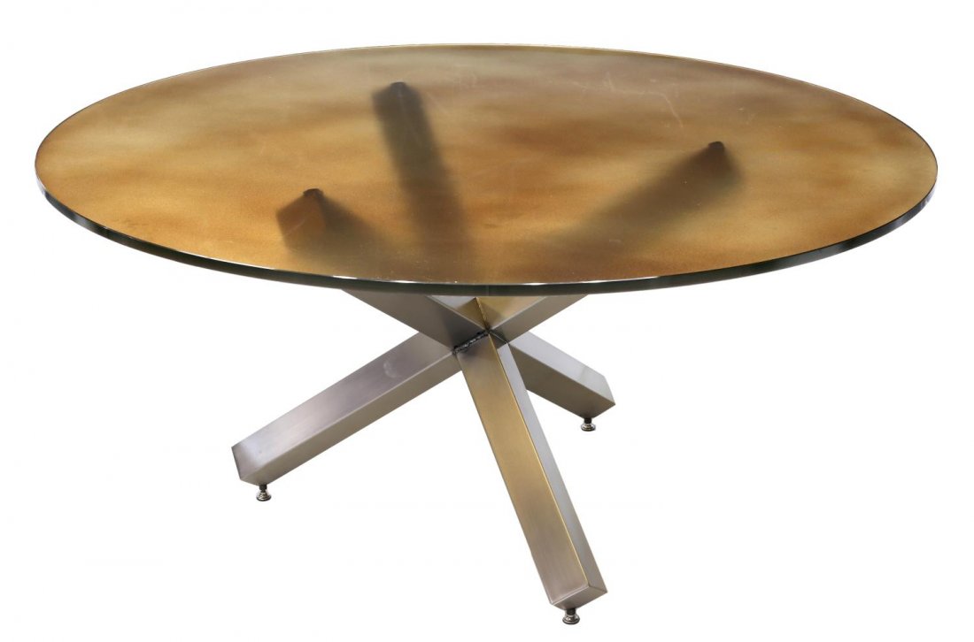 MODERN GLASS & CHROME DINING TABLE: Modern circular glass top raised on chrome steel X form base dining table, 28"h, 60"diameter Start Price: $200.00