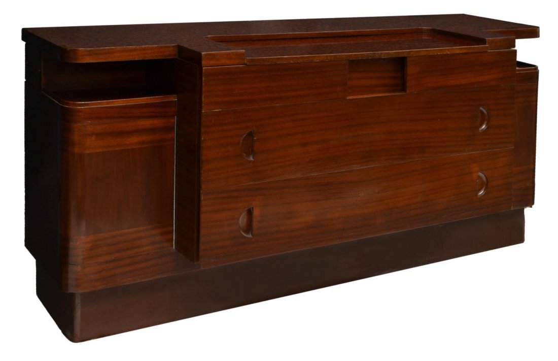 ITALIAN ART DECO MAHOGANY COMMODE: Italian art deco mahogany commode, 1930's, the top with a burl like finish, two central short drawers over two long doors flanked at both sides by a shelf and lower storage door, rising on a recessed