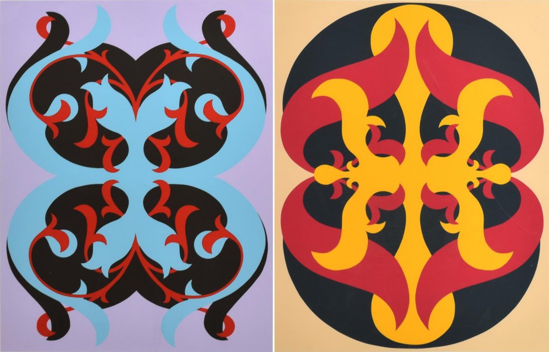 (2) EVA ZEIZEL & KLEIN/REID EDITION SCREEN PRINTS: (lot of 2) Framed colored screen prints on paper, both signed by famed industrial designer Eva Zeisel (Hungarian/American 1906-2011), and studio owners James Klein and David Reid (Americans, 20th/21st