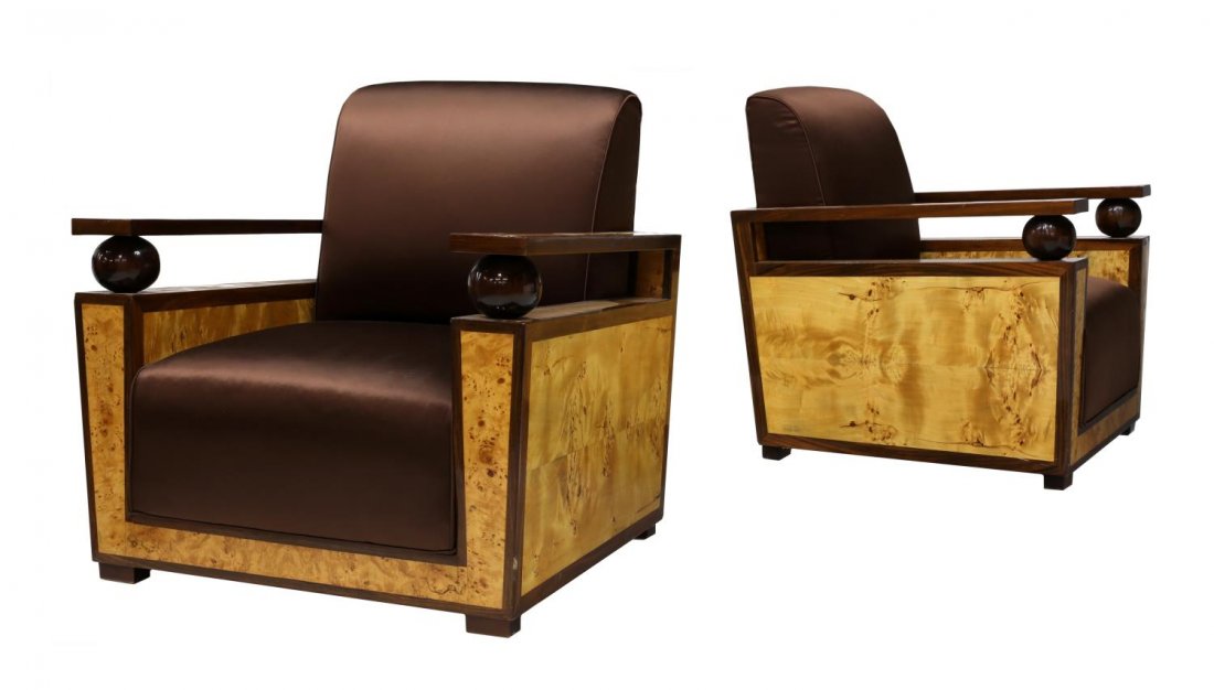 (2) ART DECO BERGERES ATTRIB. MAISON DOMINIQUE: (pair) Fantastic Art Deco bergeres, c. 1930s, design attributed to Maison Dominique, each having a padded back and seat within a birch burlwood and palisander frame, flat armrests accented by orb supp