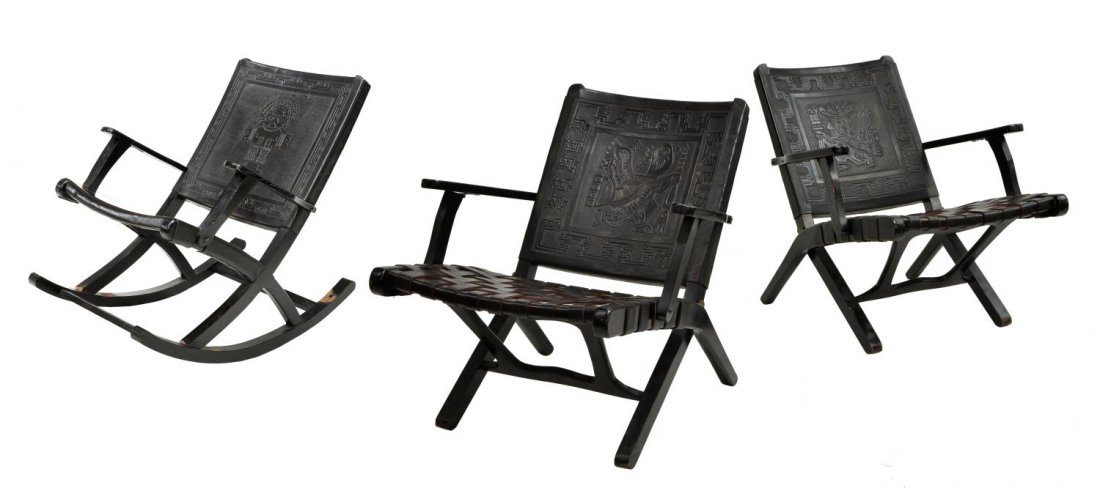 3) MID-CENTURY TOOLED LEATHER CHAIRS ROCKER, PERU: (lot of 3) Peruvian mid-century tooled leather chairs, comprising: (1) rocker having a stylized figural tooled leather back rest over a plain leather seat, paint loss to rocking legs, 33"h, 26.5"w, 38