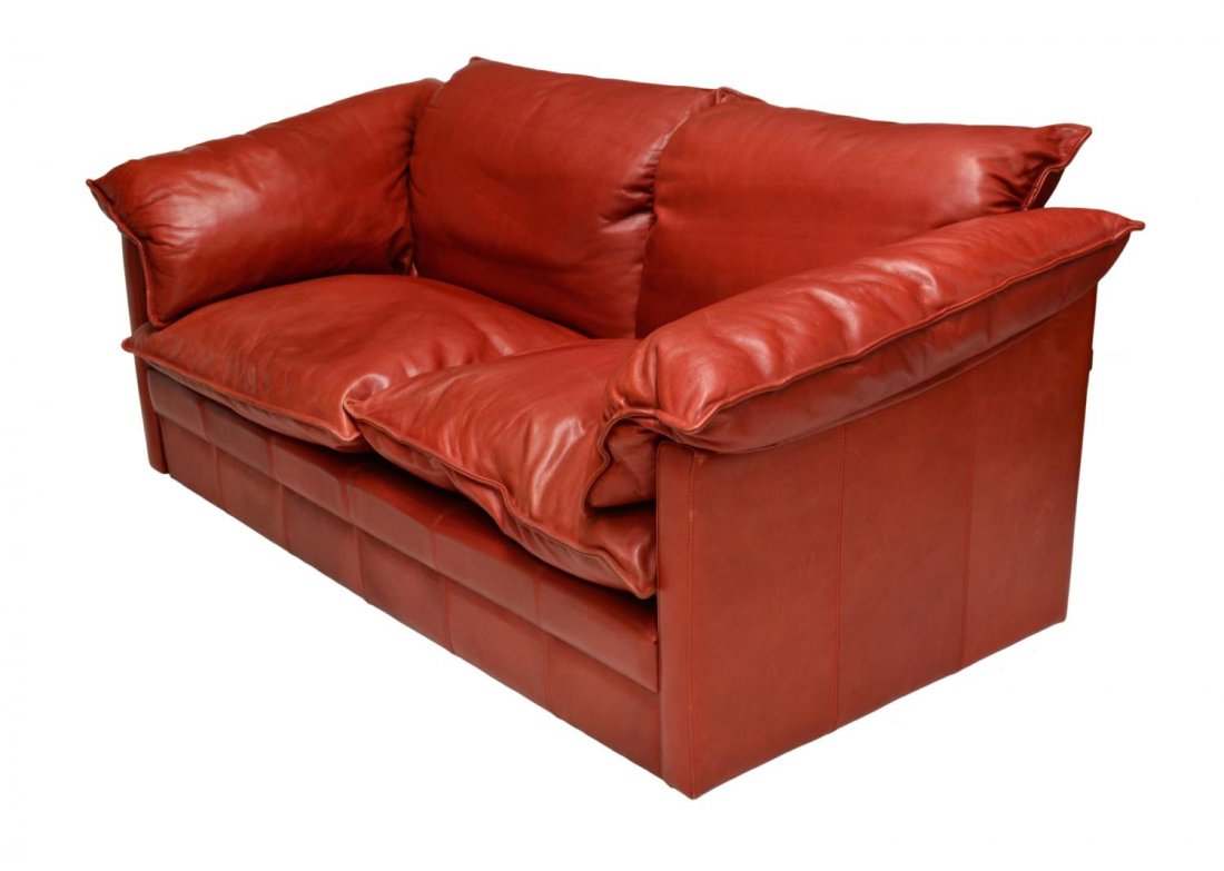 DANISH MODERN RED LEATHER SOFA: Danish modern leather sofa by Skalma, red leather with two large seat cushions and shaped back and side cushions, approx 30'h, 63"w, 32"d Start Price: 400.00