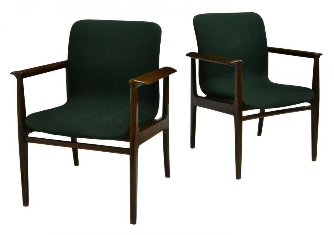 (2) ANONIMA CASTELLI MID-CENTURY MODERN ARMCHAIRS: (pair) Italian mid-century modern armchairs, c. 1960s, design by Anonima Castelli, Bologna, 1960, the single form back and seat upholstered in green wool, with flat wooden armrests, rising on squared