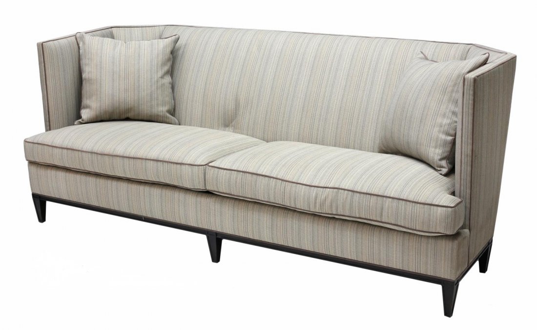 MODERN SOFA BY HICKORY FURNITURE COMPANY: Modern sofa, Hickory Furniture Company, N.C, high back and sides, goose feather filled removable seat cushions and throw pillows, upholstered in a gray and beige fine striped fabric, rising on squared