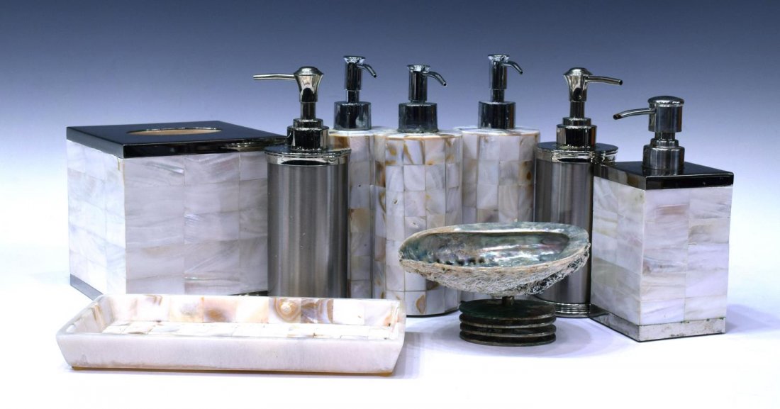 (9) COLLECTION OF MOTHER OF PEARL VANITY ITEMS: (lot of 9) Collection of mother-of-pearl tiled vanity items, comprising: (1) tissue box cover; (1) tray; (3) round soap dispensers; (1) square soap dispenser; (1) shell form soap holder; together with
