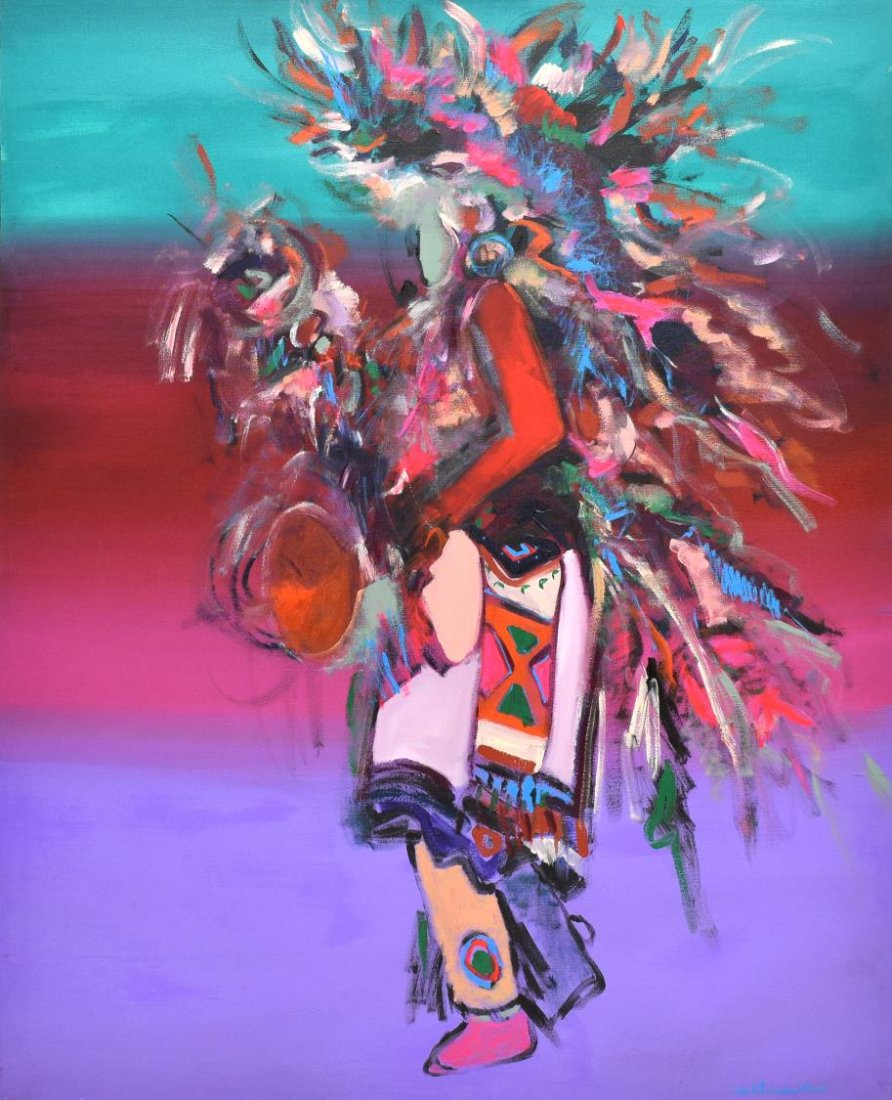 PABLO MILAN (B. 1961) NATIVE AMERICAN DANCER: Oil on canvas, Native American Dancer, signed lower right Pablo Antonio Milan (American, b. 1961), painted edge canvas with hook and wire installed verso, 60"h, 48"w, 8lbs Start Price: $200.00