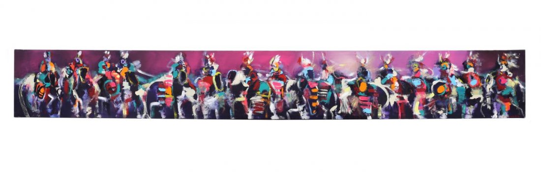 PABLO MILAN (AMERICAN B. 1961) LONG OIL PAINTING: Oil on canvas, "Warrior Gather", signed lower right Pablo Antonio Milan (American b. 1960), titled verso, painted canvas edge with hooks and wire installed verso, 12"h, 90"w, 5.5lbs Start Price: $200.