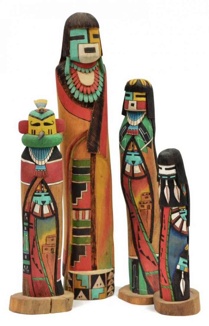 (4) COLLECTION OF SIGNED HOPI KACHINA DOLLS: (lot of 4) Collection of signed Hopi Kachina dolls, 20th/21st century, comprising: (1) White Chin "Tuma-Uyi" Kachina, Signed Charles Zee...? on base; (1) White Chin 1st Mesa, signed illegibly on base;