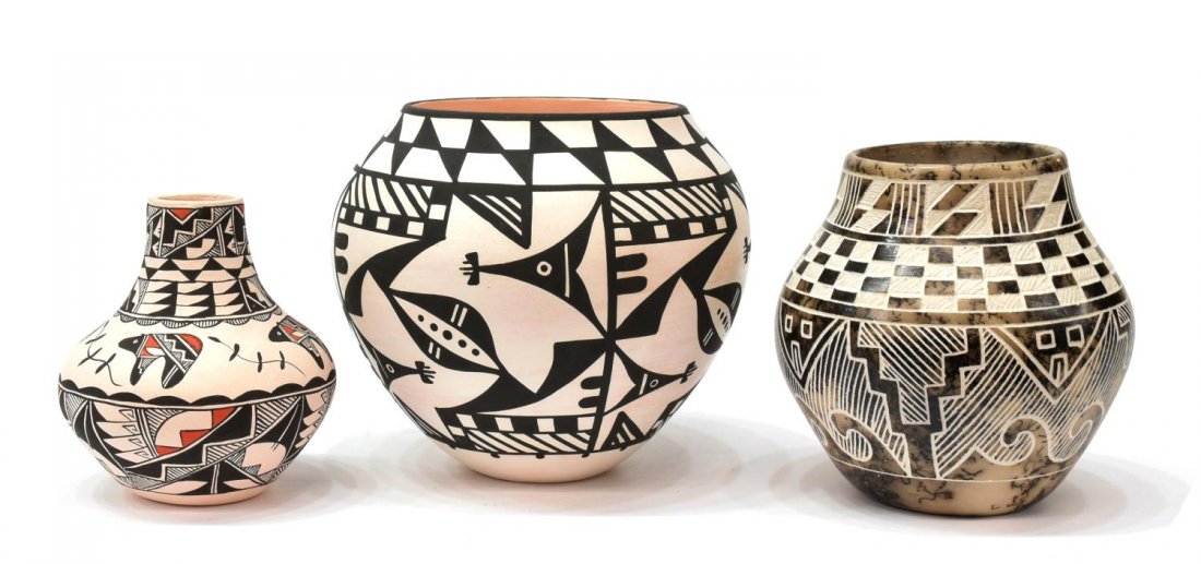 (3) COLLECTION ACOMA POTTERY, D. ANTONIO, L. VALLO: (lot of 3) Acoma, New Mexico pottery, comprising: (1) black and white patterned vase, signed underfoot D. Antonio (American 20th c.), 6"h, 7"diam.; (1) carved horsehair vase, signed and dated 2011 Gar
