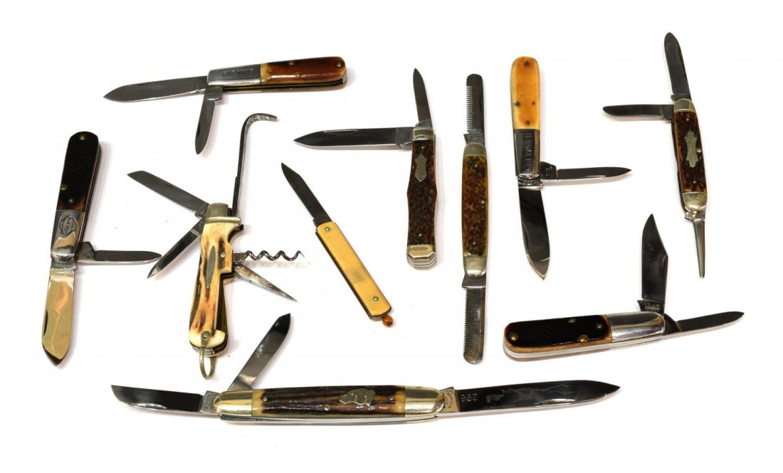 (10) POCKET KNIVES, SCHRADE, BOKER, CASE, MORE: (lot of 10) Pocket knives: (1) Schrade, B'Port, Ct, Pat 11-9-37, 10-10-44 (pull button to lock blade closed); (1) Wallkill River Works, two blades; (1) Case Tested XX, two blades; (1) Hibbard, Spencer