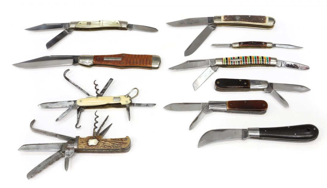 (10)POCKET KNIVES, ULSTER, WINCHESTER, KEEN KUTTER: (lot of 10) Pocket knives; (1) Winchester, #1610, one blade; (1) Ulster, three blades; (1) Primble, Coca Cola bottle form, #73229, one blade; (1) Western, #242E; (1) Keen Kutter, two blades; (1) Shapl